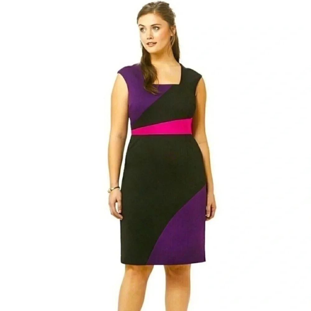 MBN Black Purple Pink Ponte Knit Color Block Cocktail Dress Plus Size 0X